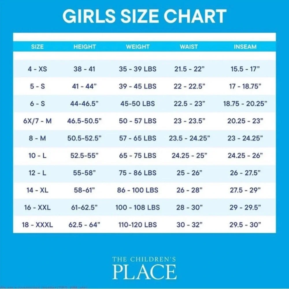 The Children's Place Girls Size Chart – Blue and White